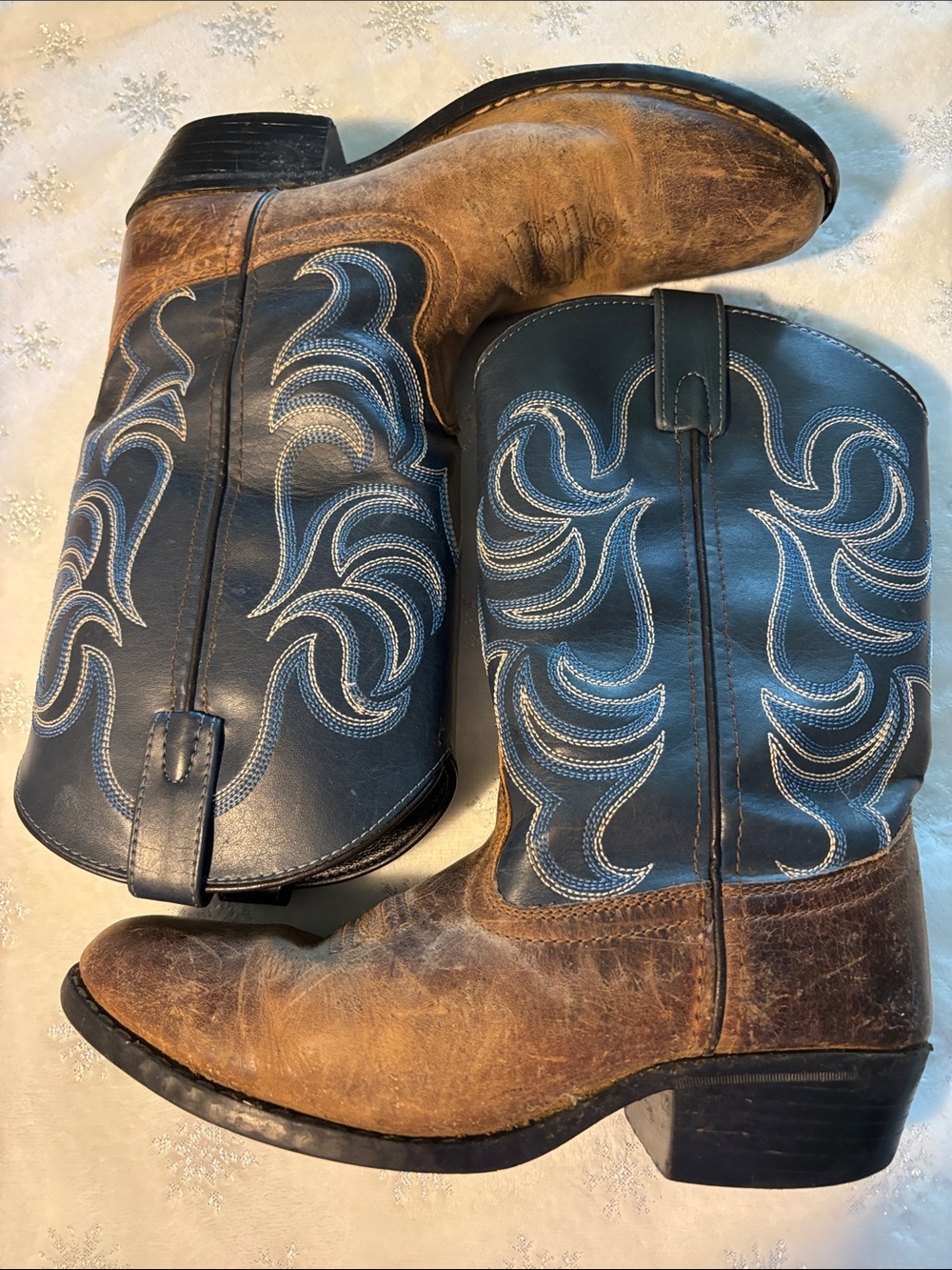 Cowgirl Heeled Boots in Brown and Black with Decorative Stitching